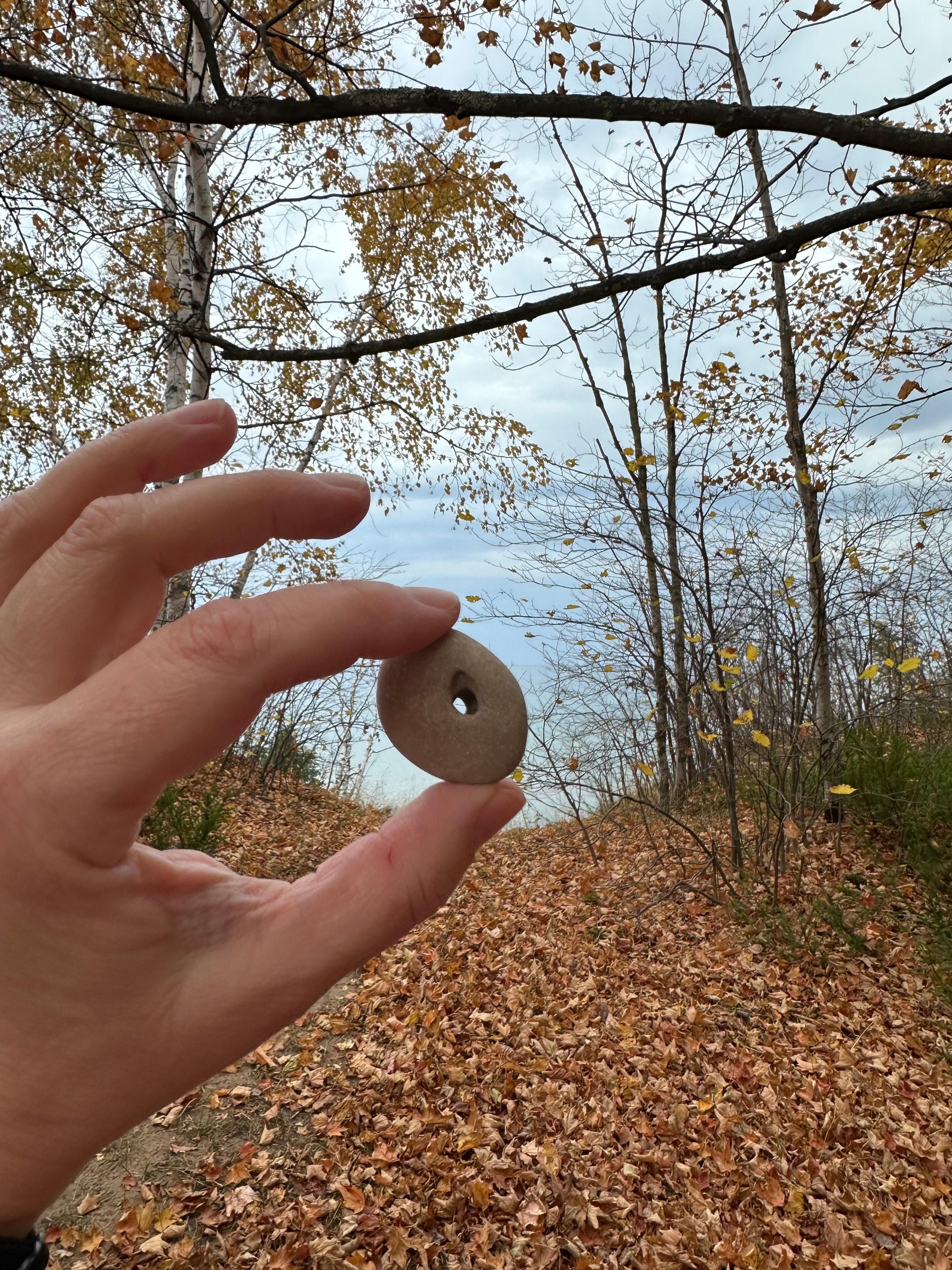 Small stone with a hole held up against autumn trees
